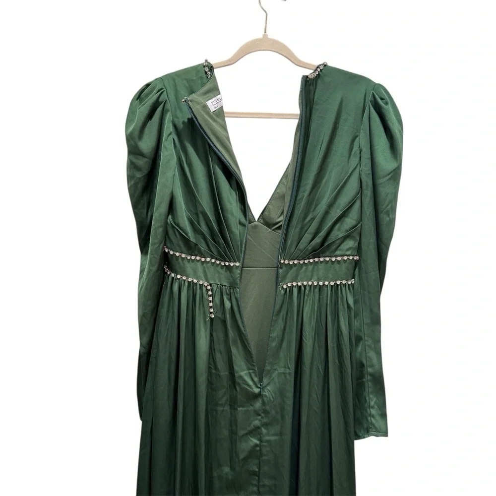 Mac Duggal Satin Puff Shoulder Rhinestone Gown Formal Party Prom #55702 Green 2 - Picture 9 of 15